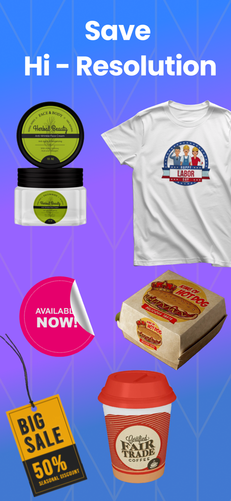 Examples of high-resolution custom labels on a t-shirt, coffee cup, food box, and cosmetic jar.