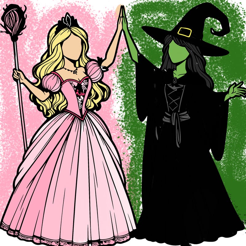 detailed realistic split of a princess and a witch