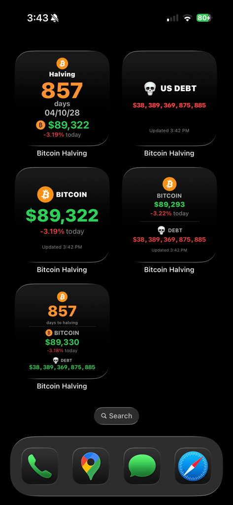 Widgets do aplicativo Halving do Bitcoin mostrando preço em tempo real e dívida nacional dos EUA na tela inicial do iPhone