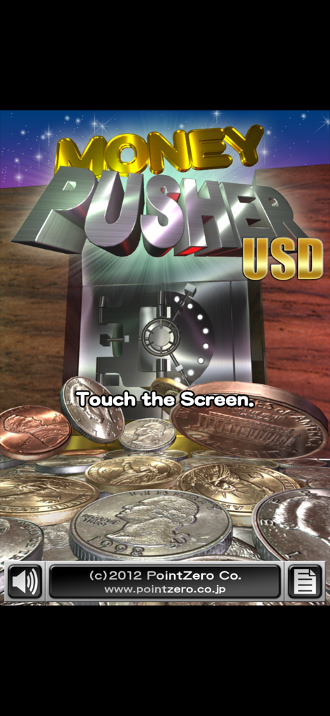Title screen of Money Pusher USD mobile game featuring realistic US coins and a bank vault
