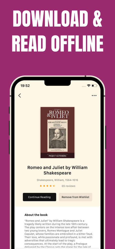 Gutenberg | eBook Reader - Gutenbergアプリがロミオとジュリエットの書籍詳細とオフライン読書機能をディスプレイ。