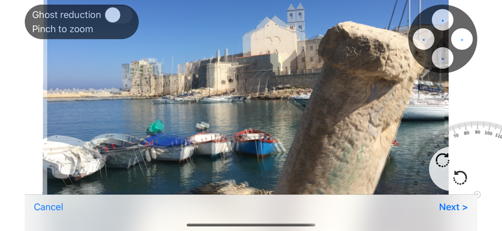Camera 3D Pro - Camera 3D Pro app interface showing the stereo editor with ghost reduction and manual alignment controls for a 3D photo