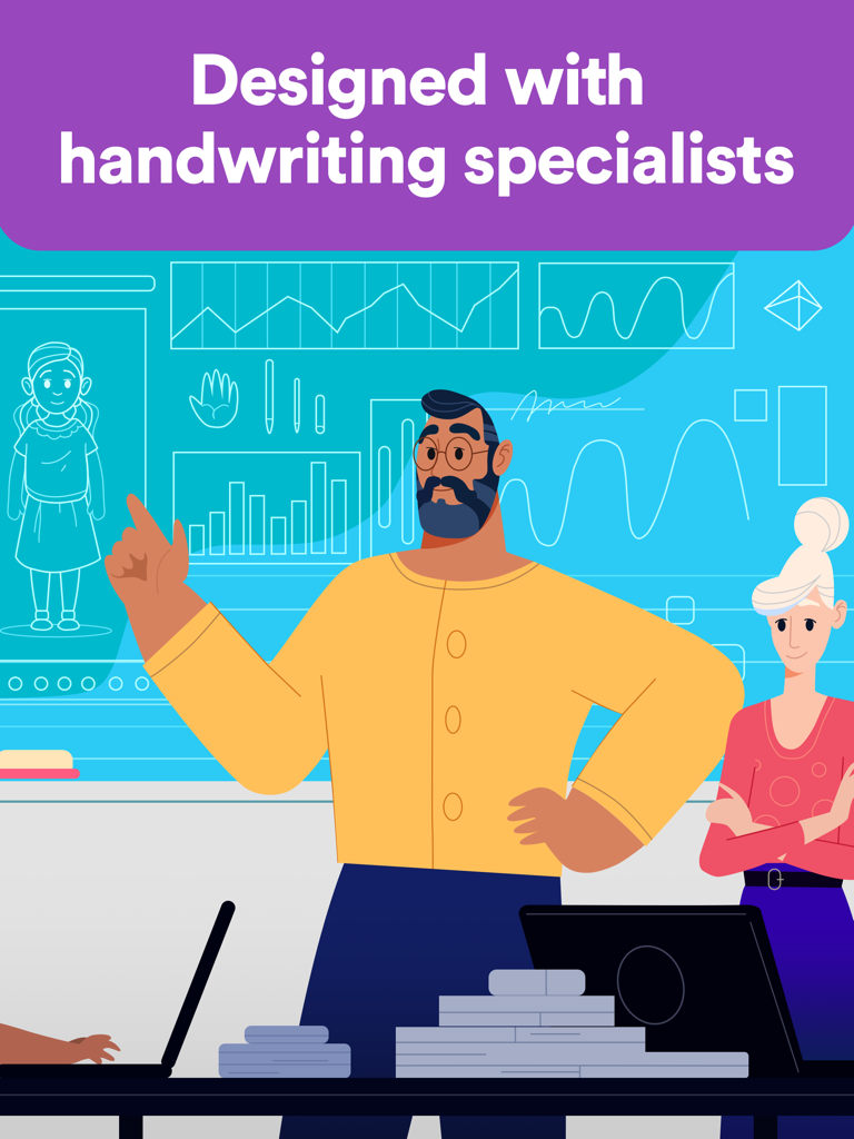 Ilustración de especialistas en escritura frente a una pantalla digital que muestra gráficos de análisis