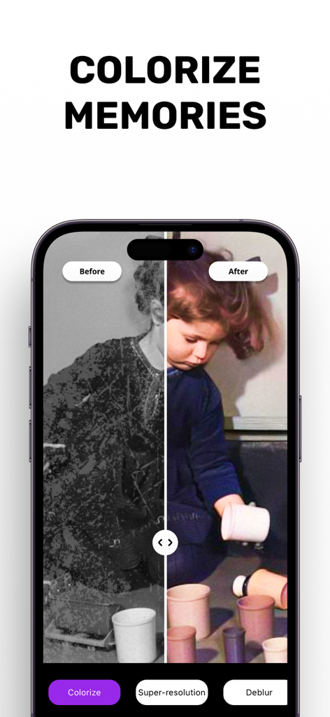Comparación del antes y después de una foto antigua en blanco y negro que se está coloreando con Goru AI