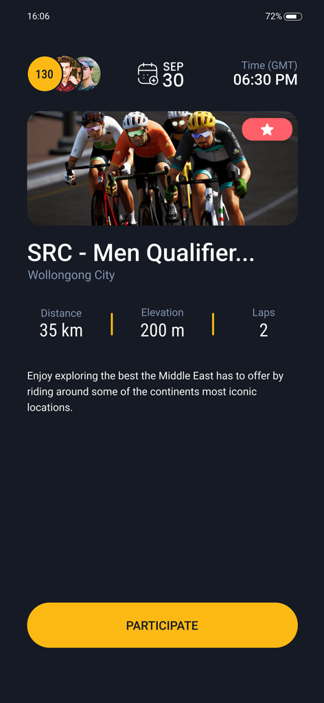 L'application MyWhoosh Link montrant les détails d'un événement de course cycliste virtuelle avec des statistiques de distance et de dénivelé.