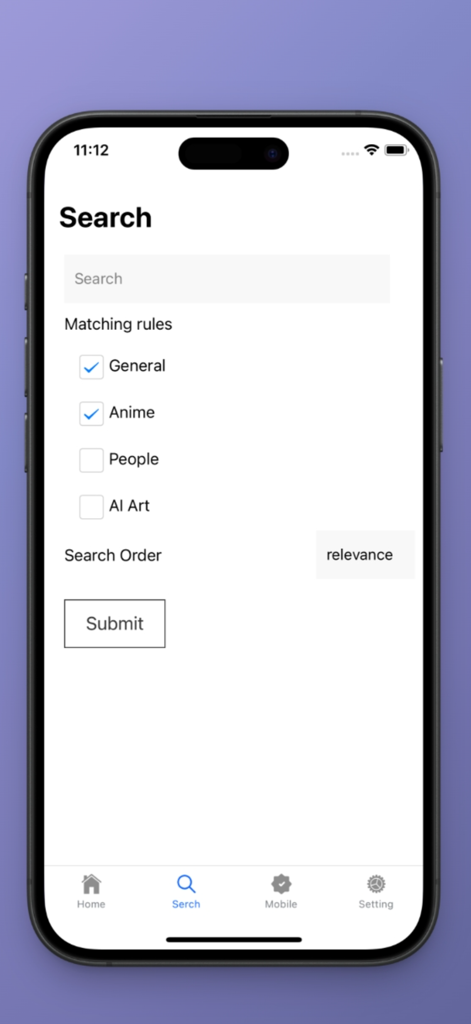 Écran de recherche de l'application wallhaven Pro présentant des filtres de catégorie de fonds d'écran et des paramètres de recherche