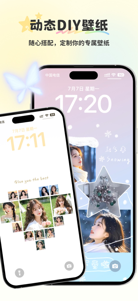 Dos iPhones mostrando pantallas de bloqueo estéticas personalizadas con widgets de fotos y diseños de fondos de pantalla DIY.
