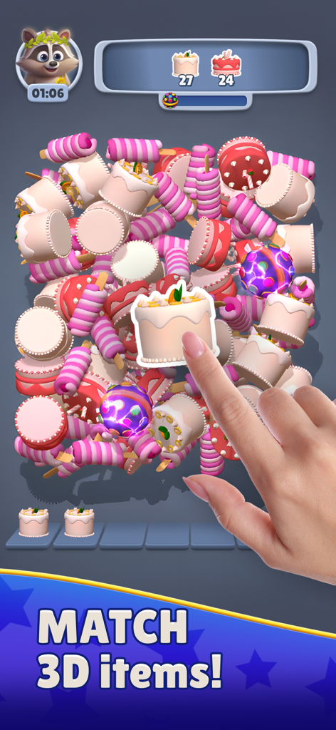 Triple match 3D puzzle gameplay showing a hand selecting cake items from a pile