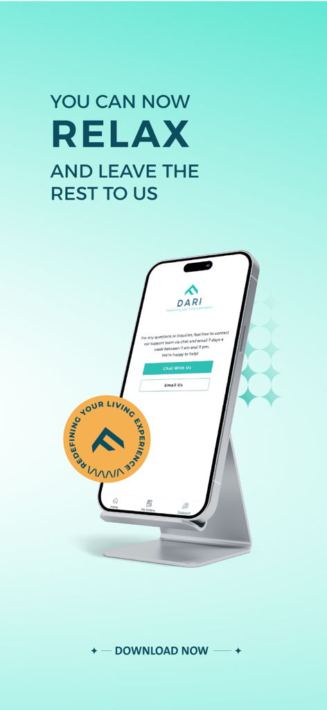DARI: Home Services - DARI home services app customer support screen on a smartphone