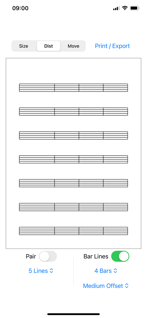 Staff Designer - Pantalla de la aplicación móvil Staff Designer que muestra una plantilla de partitura en blanco con opciones para ajustar el tamaño del pentagrama, la distancia y las líneas de compás.