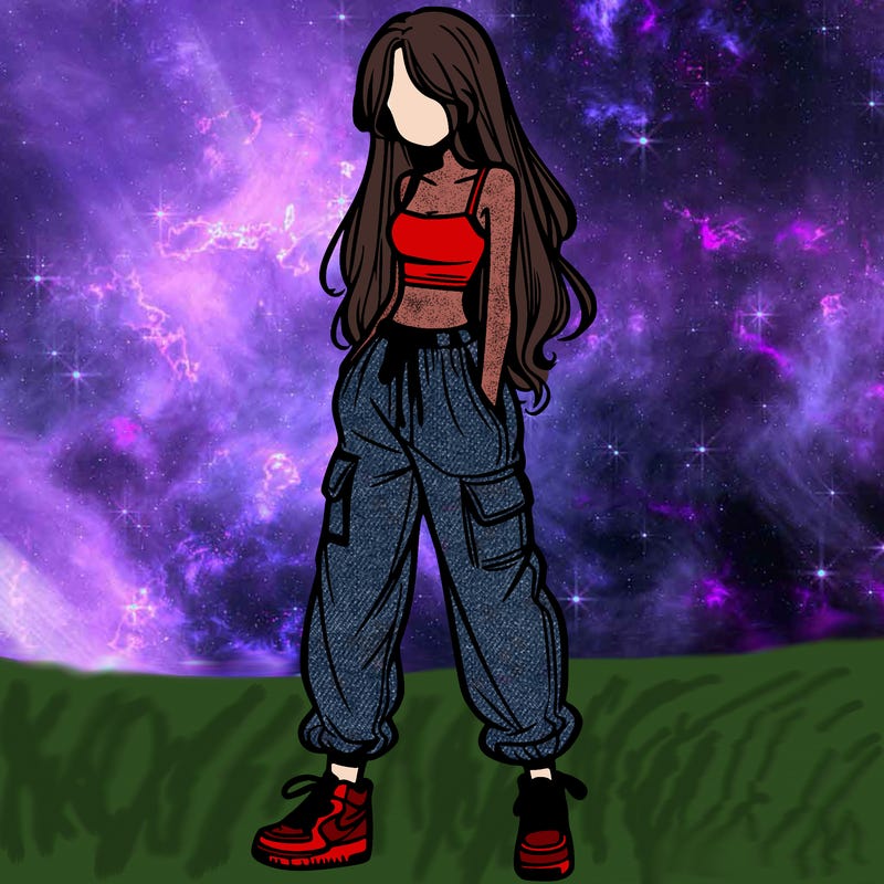girl in baggy pants crop top and long hair
