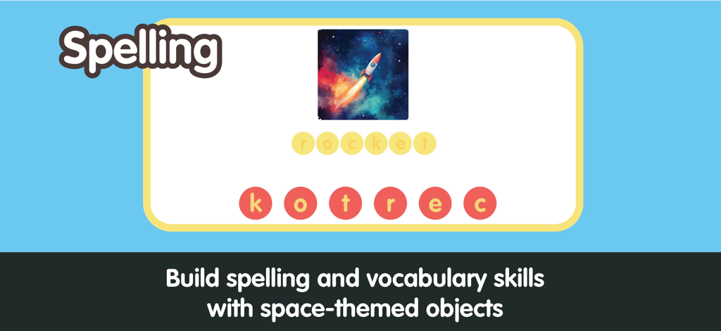 Little Astronauts - Space Kids - Interactive space-themed spelling game for kids featuring a rocket word puzzle.