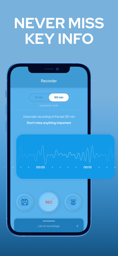 HEARING AID APP - Live Listen - Interfaccia di un'app per apparecchi acustici che mostra una funzione di registrazione vocale con visualizzazione dell'onda audio
