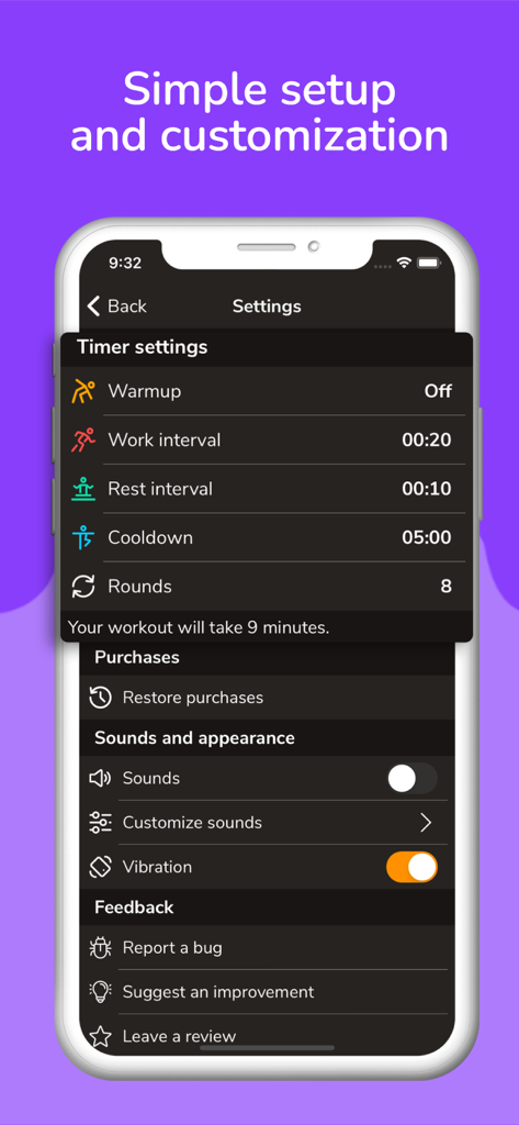 PureHIIT app settings screen showing customization options for workout intervals including work rest and rounds