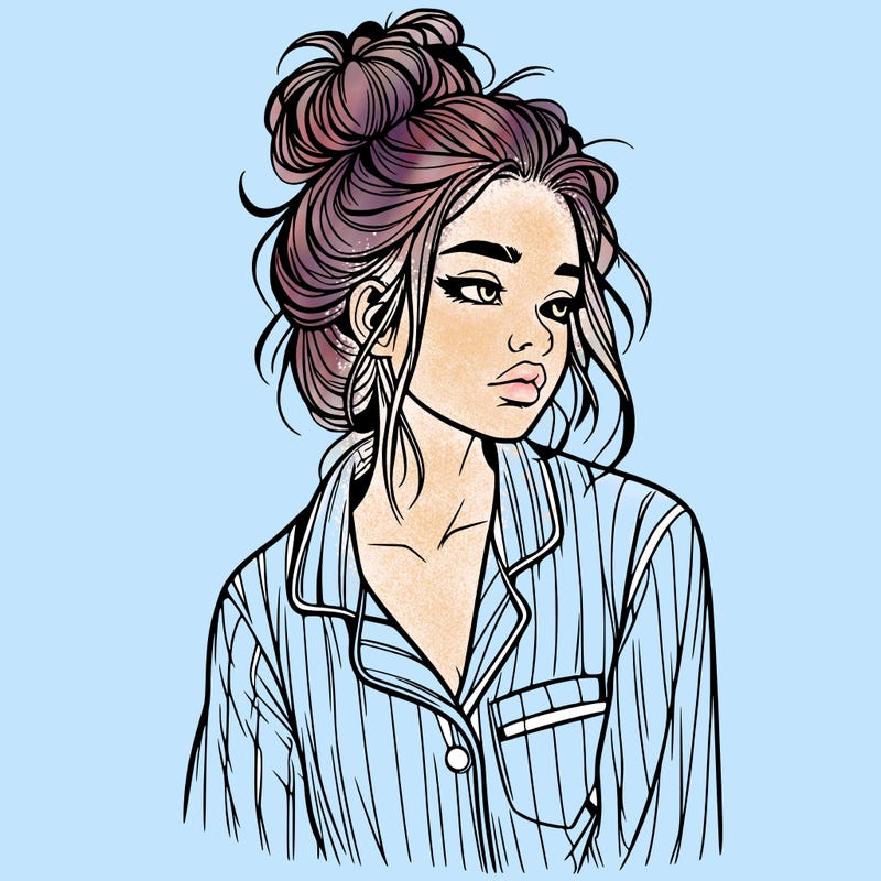 realistic woman with pajamas on and a messy bun