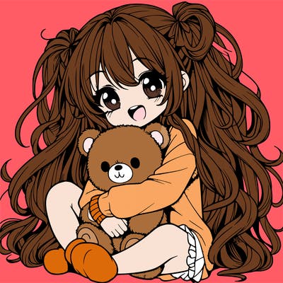 manga girl, long curly hair, happy, cuddling a teddy bear