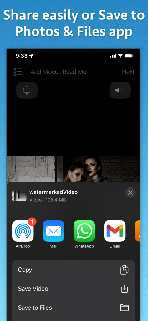 Video Watermarker - iOS share sheet displaying options to share or save a watermarked video to photos and files