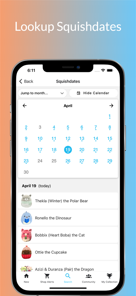 SquadApp screen showing Squishdates calendar for Squishmallow birthdays
