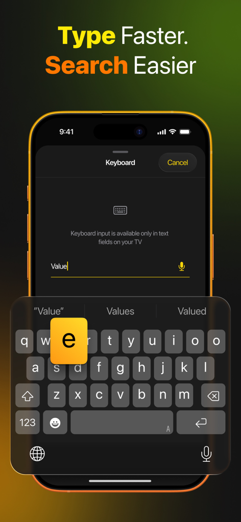 TVRem Universal TV Remote App - Teclado de la aplicación de control remoto para Smart TV para búsquedas y escritura más rápidas a través de iPhone