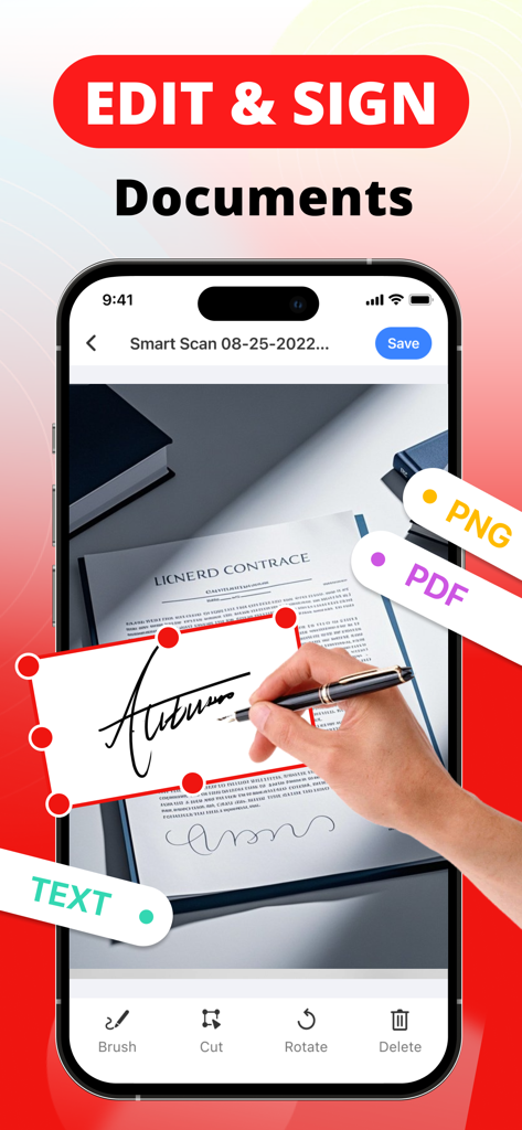 PDF Reader - Easy Editor - Smartphone interface of PDF Reader app showing digital document signing and editing features
