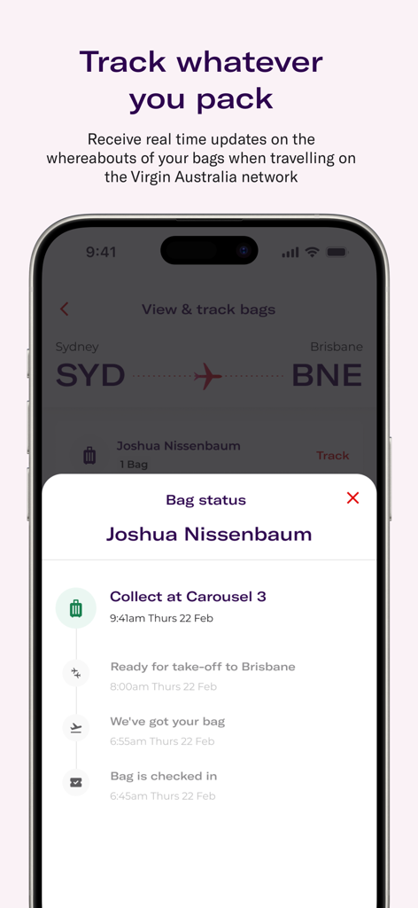 シドニーからブリスベンへのリアルタイムの手荷物追跡ステータスが表示された、ヴァージン・オーストラリア・アプリの画面。