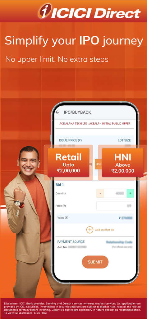 ICICI Direct-Stocks F&O MF IPO - ICICI Directアプリのインターフェースが表示されたスマートフォン。IPOと公募増資の申し込み用で、個人投資家と大口投資家の投資カテゴリを特徴としています