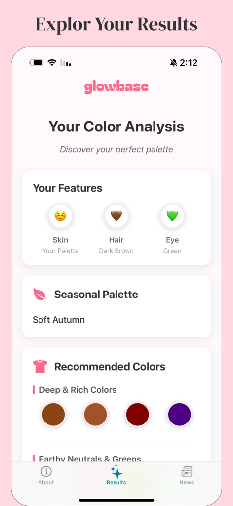 Glowbase - Glowbase app displaying seasonal color analysis results and recommended color palette for Soft Autumn.