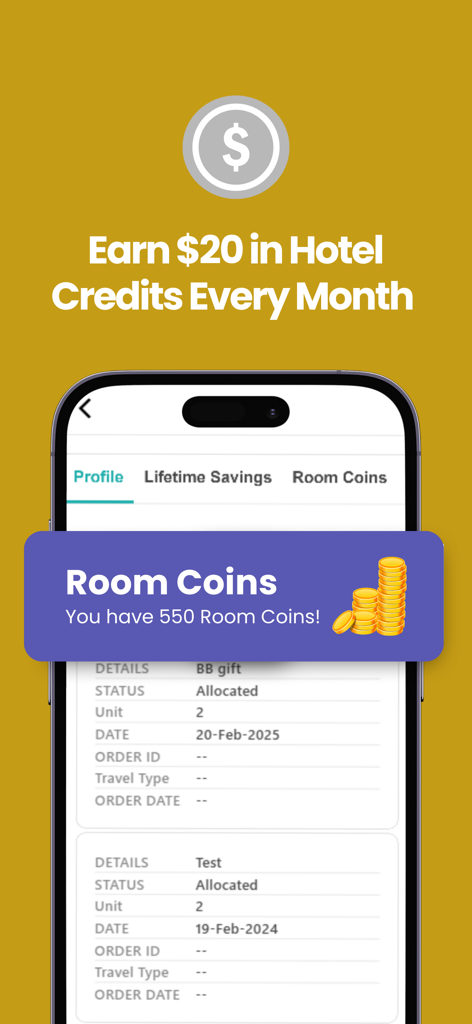 Hotel Rewards: Save on Stays - Hotel Rewards App-Oberfläche, die verdiente Raum-Coins und monatliche Hotelguthaben anzeigt.