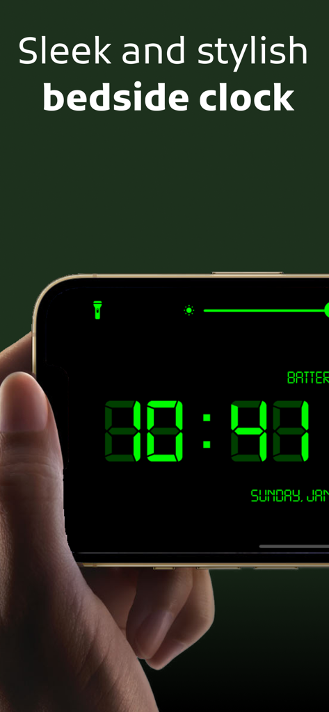 Digital Clock: Night Stand-by - Sleek and stylish green digital bedside clock display on a smartphone screen.
