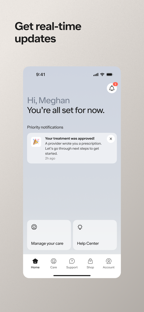 Ro: Online Healthcare - The Ro online healthcare app interface showing a notification that a treatment has been approved and real-time status updates for the user.
