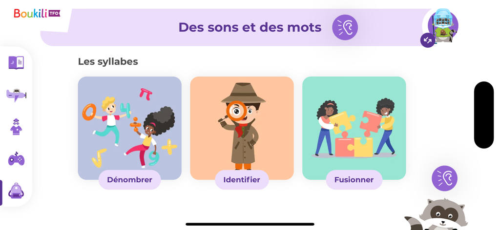 Boukili - Interface of the Boukili app showing three interactive French syllable games named Denombrer Identifier and Fusionner
