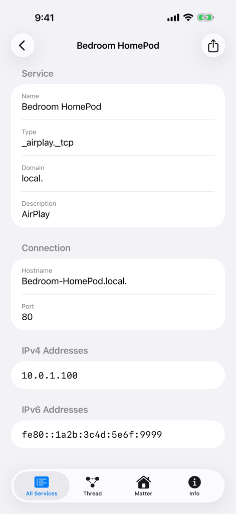 Herald Bonjour Network Browser - Pantalla de la aplicación Herald que muestra detalles técnicos del servicio para un HomePod de dormitorio, incluyendo nombre de host y direcciones IP.