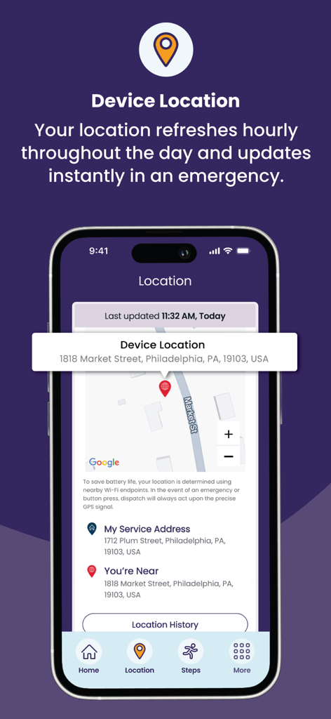Smartphone screen showing the MyMedicalGuardian app with real time GPS location monitoring on a map