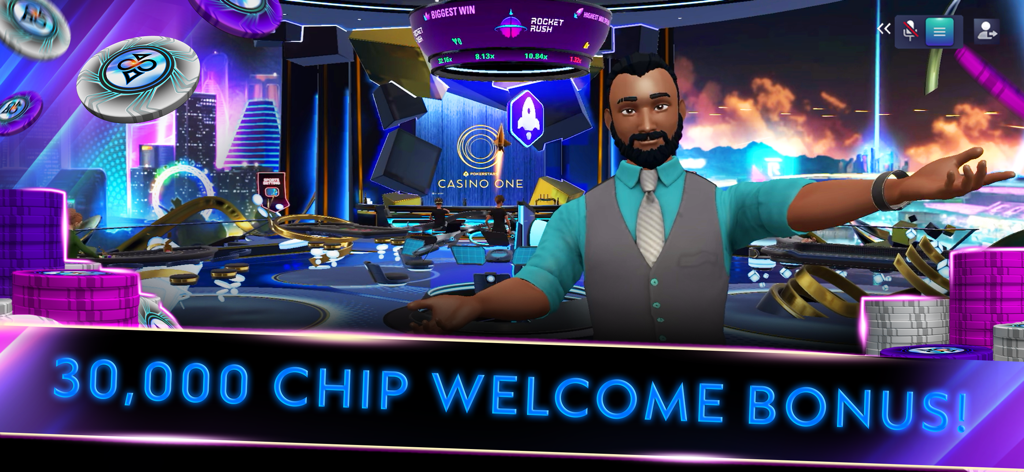 Vegas Infinite by PokerStars - Avatar 3D de Vegas Infinite dans un environnement de casino futuriste avec une bannière de bonus de bienvenue de 30 000 jetons