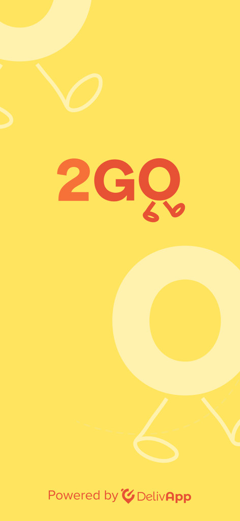 2GO Local Food Delivery - Pantalla de inicio de la aplicación 2GO Local Food Delivery con el logo sobre un fondo amarillo vibrante