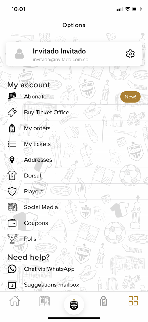 Tauro F.C. - User account and profile options menu in the Tauro FC mobile app