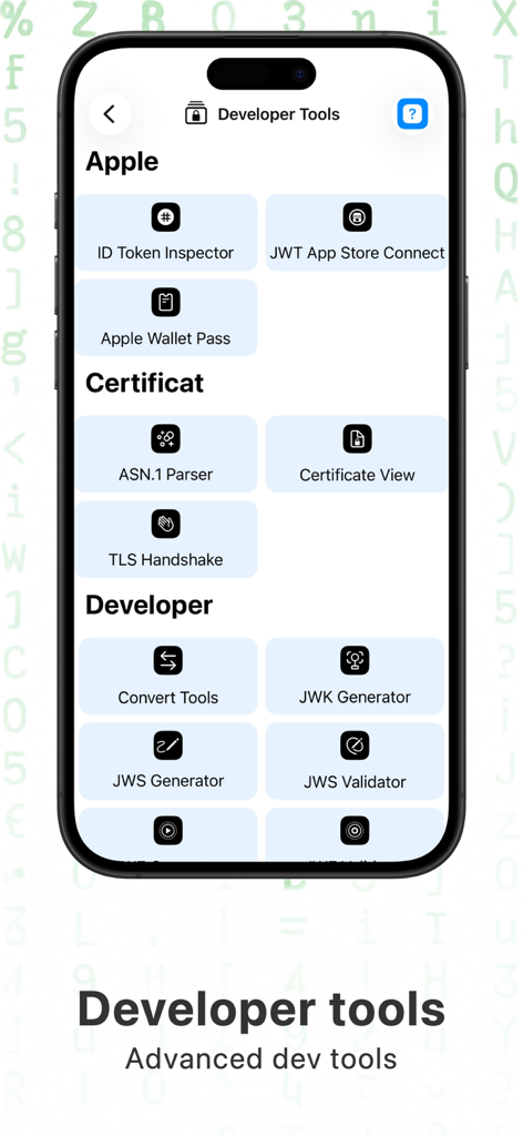 Crypto Tools (De)Encryption - Interfaz de la aplicación Crypto Tools que muestra una lista de utilidades para desarrolladores para tokens, certificados y validación criptográfica de Apple