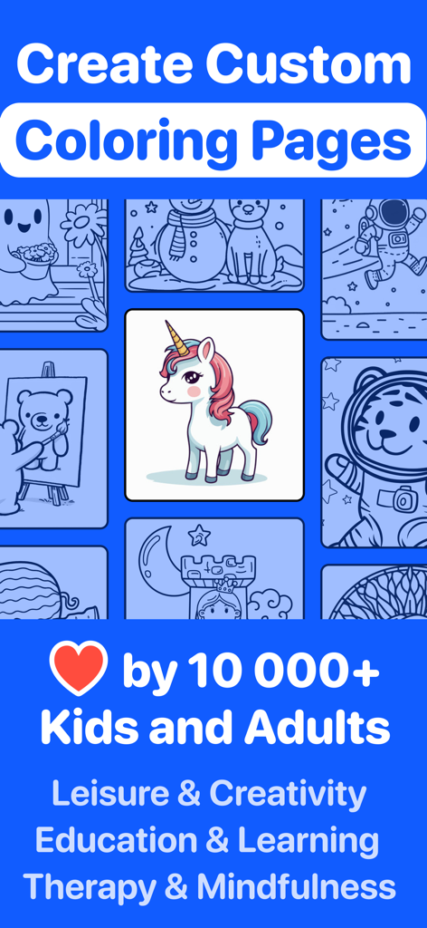 Coloring Page Generator AI - Collection of custom AI generated coloring pages featuring a unicorn and various characters for kids and adults