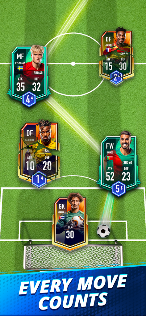 Soccer Duel: PvP Football Game - A strategic football match in Soccer Duel showing player cards with attack and defense stats positioned on a pitch with the slogan Every Move Counts.