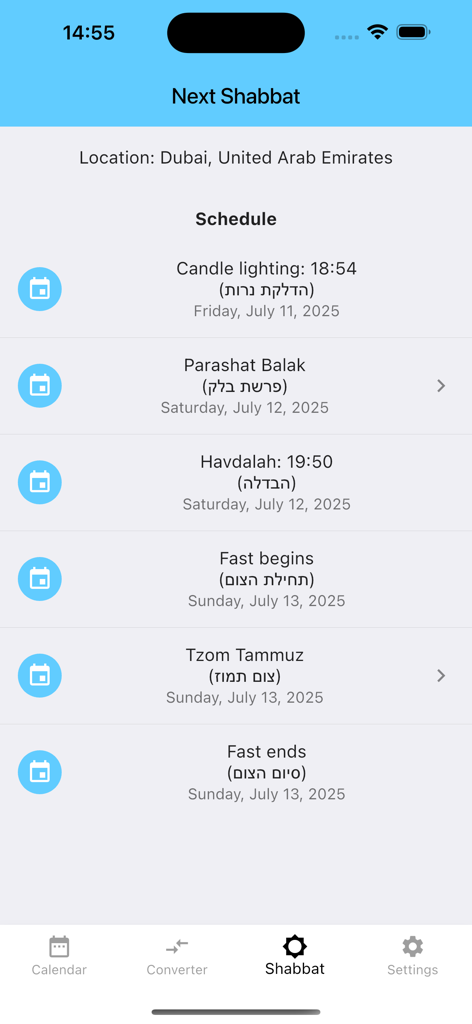 Jewish Calendar Dates - Pantalla de la aplicación que muestra el horario del próximo Shabat, incluyendo los horarios para encender las velas y para la Havdalah