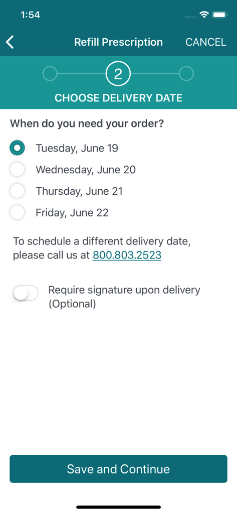 Interface of Accredo mobile app showing the step to choose a delivery date for a prescription refill
