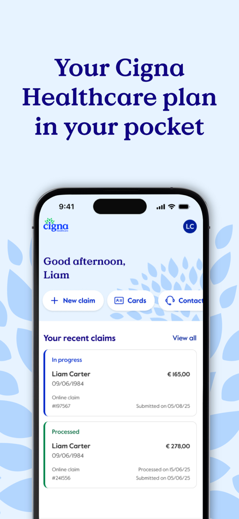 Cigna Health Benefits+ - Cigna Health Benefits plus app showing recent medical claims and health plan summary on an iPhone.