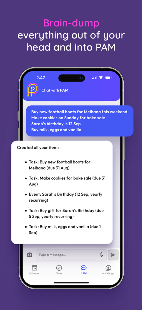 PAM: Smart Family Planner - PAM family planner app interface showing AI converting a brain dump message into organized tasks and calendar events
