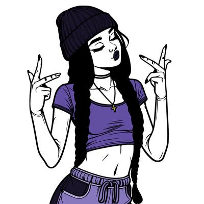realistic teenage girl with braids and a beanie and crop top doing 🫶🏼