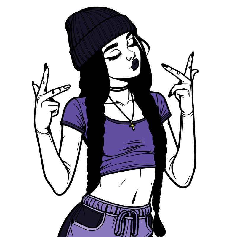 realistic teenage girl with braids and a beanie and crop top doing 🫶🏼