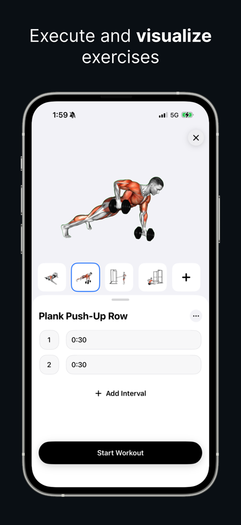 Metryc AI app interface showing an anatomical exercise visualization for a plank push up row workout