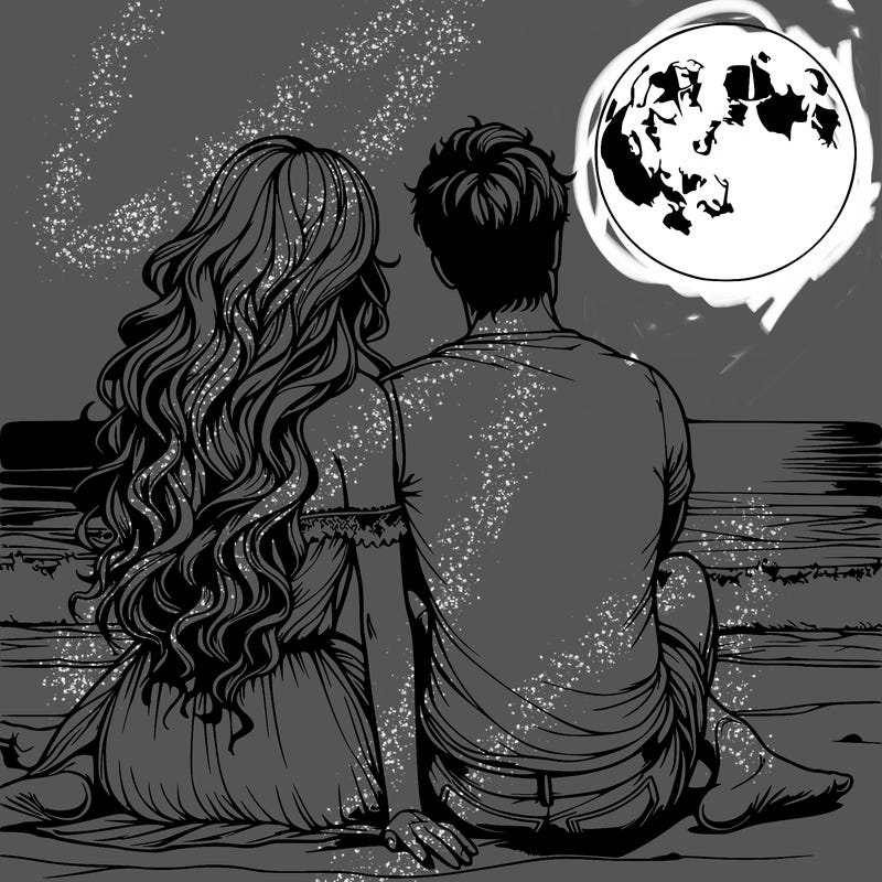 realistic couple on beach sat looking out to sea under the moon woman has long wavy hair man has short hair