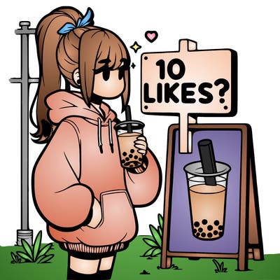 girl with oversized hoodie drinking boba and she has a high ponytail with a sign that says 10likes?