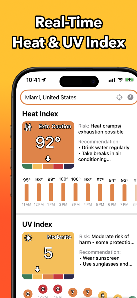 Heat Index & UV Tracker: Heats - Screenshot of the Heats app showing real time heat index and UV index tracker for Miami