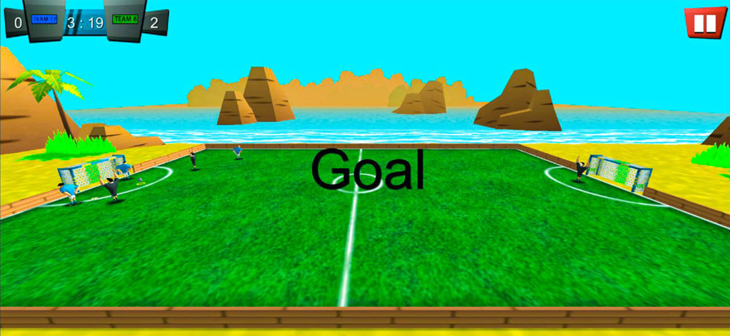 Soccer Stars - Football 2025 - Jugabilidad del juego de fútbol 3D Soccer Stars Football 2025 mostrando un gol en un campo de playa tropical